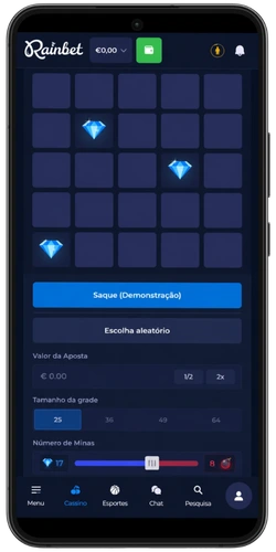 Casas abertas com diamantes no tabuleiro do Rainbet Mines