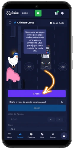 Ecrã do Chicken Road Rainbet com o botão Cruzar para avançar pelos níveis do jogo