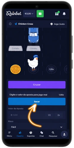 Botão Sacar em destaque no Chicken Road Rainbet para fazer cash out