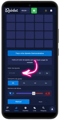 Campo para definir o valor da aposta no Rainbet Mines