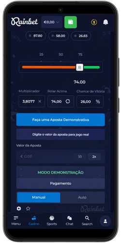 Interface do Rainbet Dice com direção da previsão