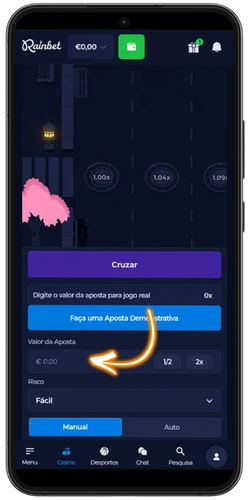 Campo para escolher o valor da aposta no Chicken Road Rainbet