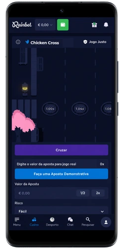 Ecrã inicial do Chicken Road Rainbet com o botão Cruzar e multiplicadores