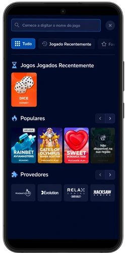 Menu de pesquisa do Rainbet Dice no telemóvel