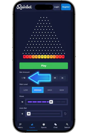 Painel de seleção de aposta no Plinko da Rainbet