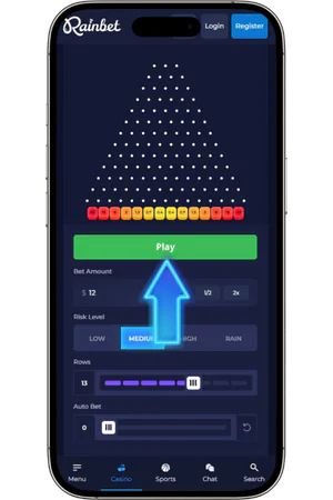 Botão Play e bola em movimento no Plinko da Rainbet