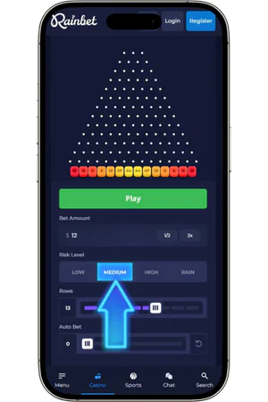 Seletor de nível de risco no Plinko da Rainbet