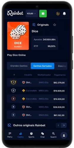Tabela de ganhos do Rainbet Dice