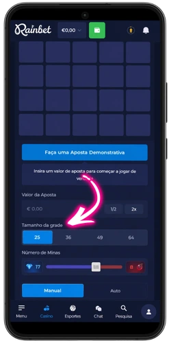 Opções de tamanho da grade no Rainbet Mines