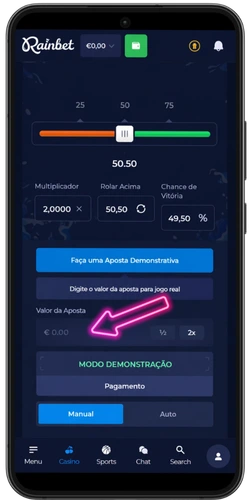 Campo de valor da aposta no Rainbet Dice